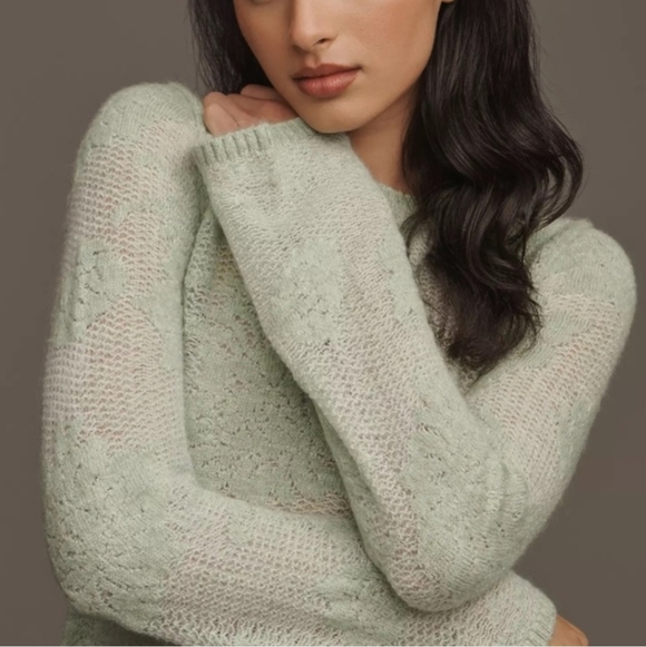 ANTHROPOLOGIE Feminine Mint Green Floral Brocade Fancy Knit Sweater NWT SRP$118 - Picture 2 of 9